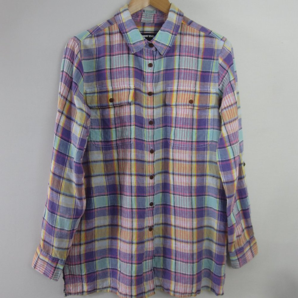 Lands End Womens M Purple Yellow Plaid LS 100% Linen Button Front Shirt Summer